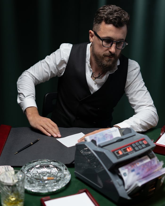 Home Bearded man in vest organizing money with bill counter, indoors setting.